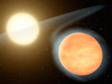 Artist concept of the extremely hot exoplanet WASP-12b and the host star. Image: NASA/JPL-Caltech/R. Hurt (SSC)