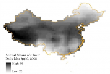 Ozone concentration levels in China (1x1 degree grid cell), 2005. Image: Lamsal et al., 2010