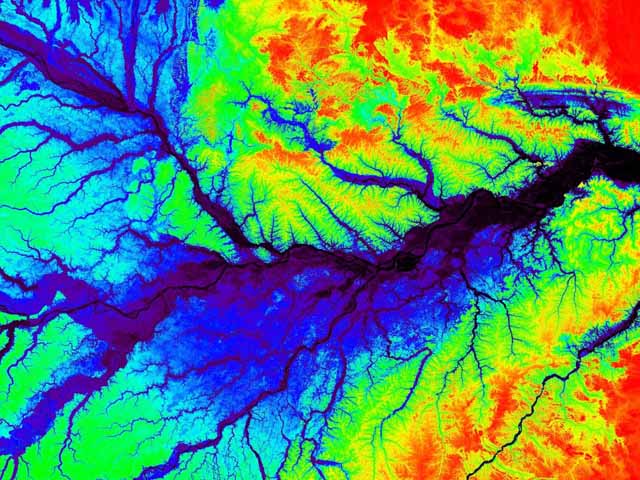 A topographic map of a section of the central Amazon River Basin near in Manaus, Brazil.  Image: Global Rain Forest Mapping Project/NASA/JPL