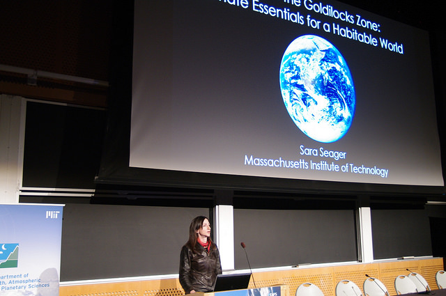 Sara Seager talks exoplanet climates at MIT symposium. (Credit: Helen Hill/EAPS)