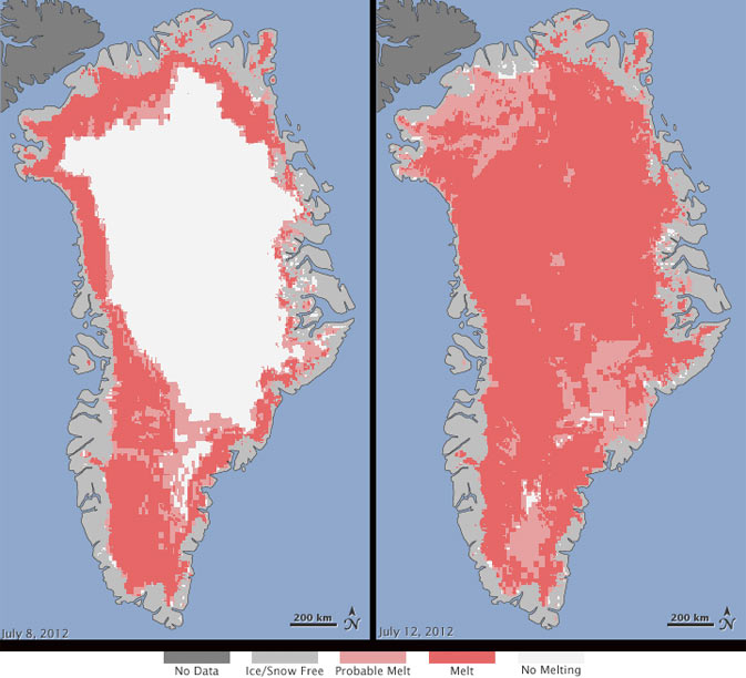 This satellite image shows that around July 11/12, the surface of Greenland’s ice sheet experienced an extreme melting event: white indicates the region without surface melt on July 8, an area of  higher elevation. But by July 12, the surface of the ice had melted, as indicated by the red area. This is the first time such an event has been recorded since scientists began remotely sensing ice sheets in the late 1970’s.  (Credit: NASA/ source oceans.mit.edu)