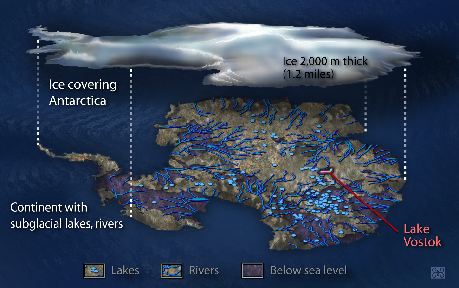 A representation of what lies beneath Antarctica's ice (Credit: Zina Deretsky / NSF)