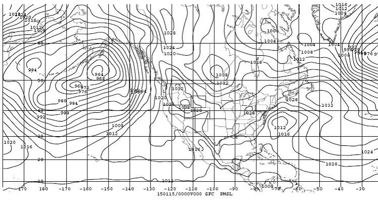 Fig 2: The synoptic situation on January 15, 2015 at 00z: b) sea-level pressure. A strong low pressure system in the east Pacific can be seen to be advecting moist warm air up to Alaska and over the west coast of the US. This marks the initiation of the Blocking High.