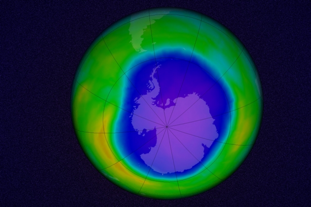 A simulation of the Antarctic ozone hole, made from data taken on October 22, 2015. (Image: NASA's Goddard Space Flight Center, edited by MIT News)