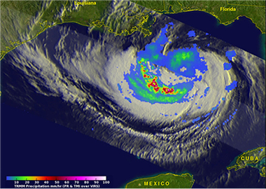 NASA's TRMM satellite captured this image of Isaac as it was approaching the northern Gulf coast at 4:01 UTC, August 28 (12:01 EDT). Heavy rainfall is shown in red, moderate rain in green and light rain in blue. (NASA/SSAI, Hal Pierce)