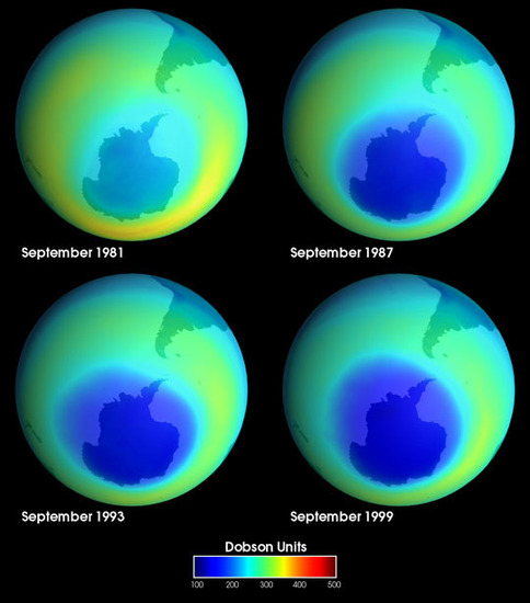 Progressive depletion of ozone over Antarctica from 1979 to 1999. Credit: NASA