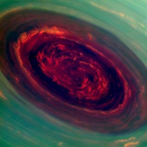 The vortex of Saturn's north polar storm is seen in this false-color image taken from NASA's Cassini spacecraft. (Image Credit: SSL/JPL-CalTech/NASA)